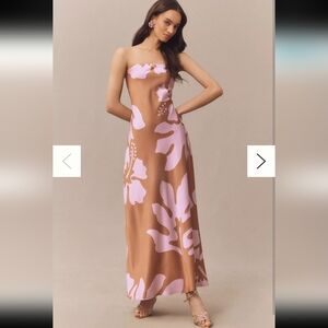 New Hutch Elegant Strapless Column Satin Brown and Pink Floral Dress